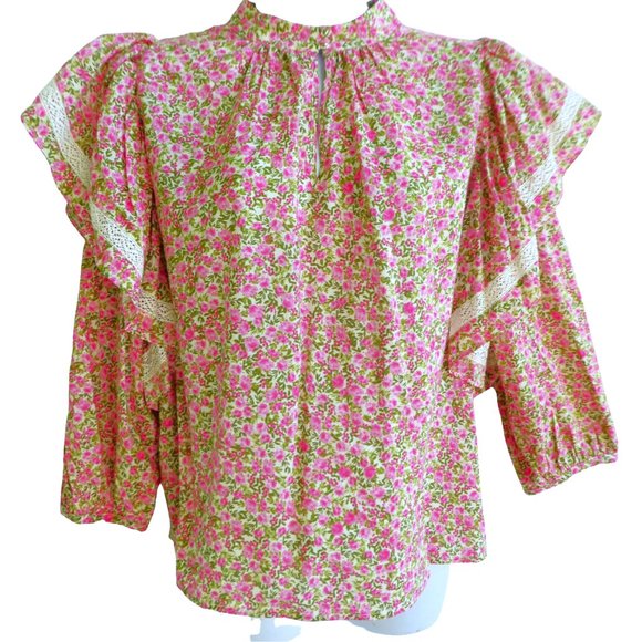 Pink Floral Print Peasant Blouse